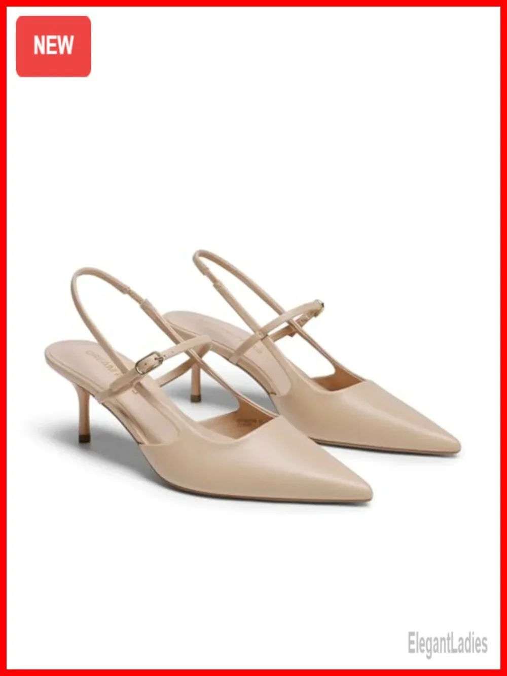 Kitten Heel Slingback Pointed Toe Pumps with Adjustable Strap Faux Leather